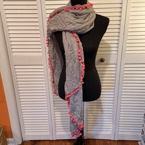 White Stuff gray scarf/wrap with pink Pom-pom fringe, one size